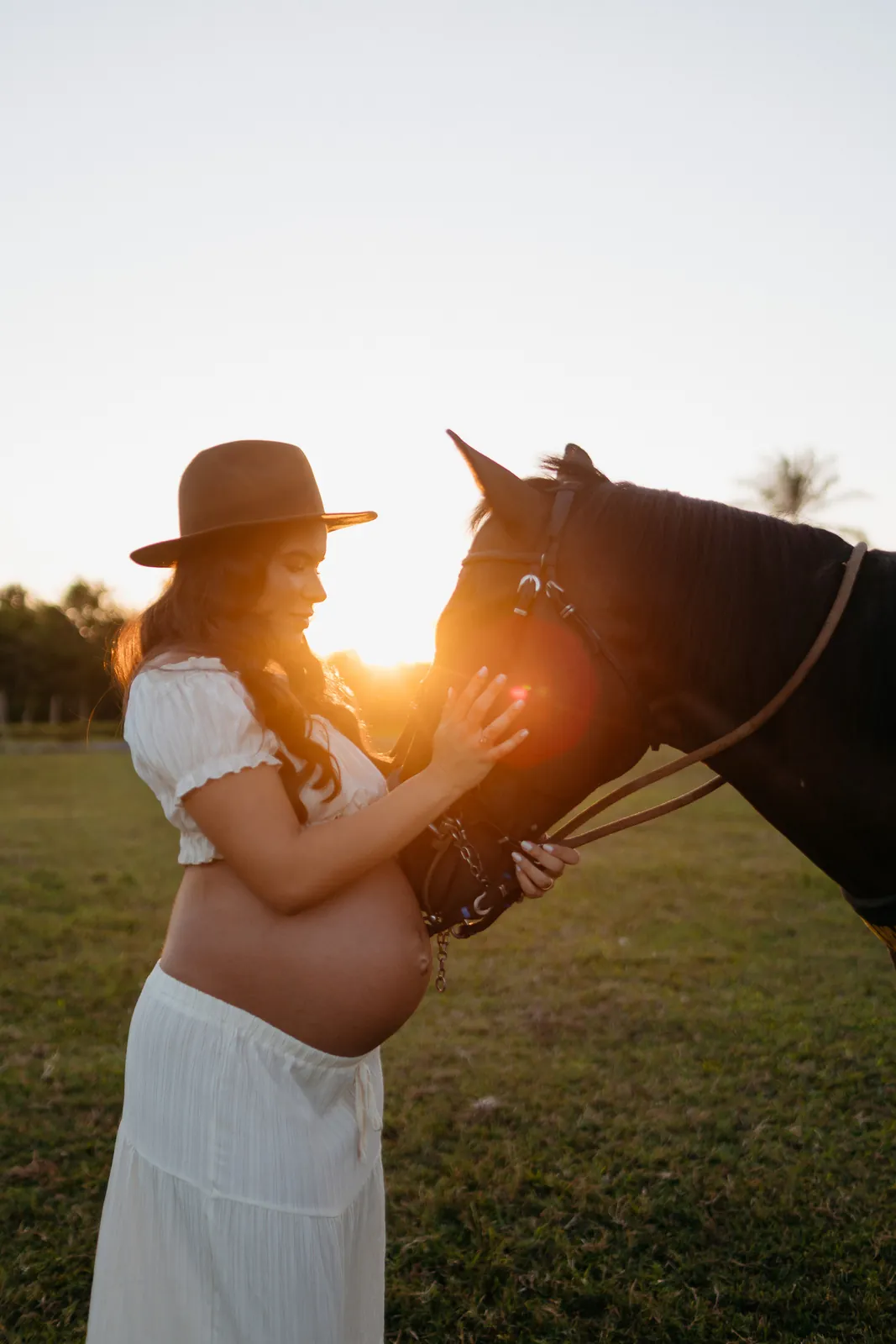 Gestante com o cavalo contra o sol